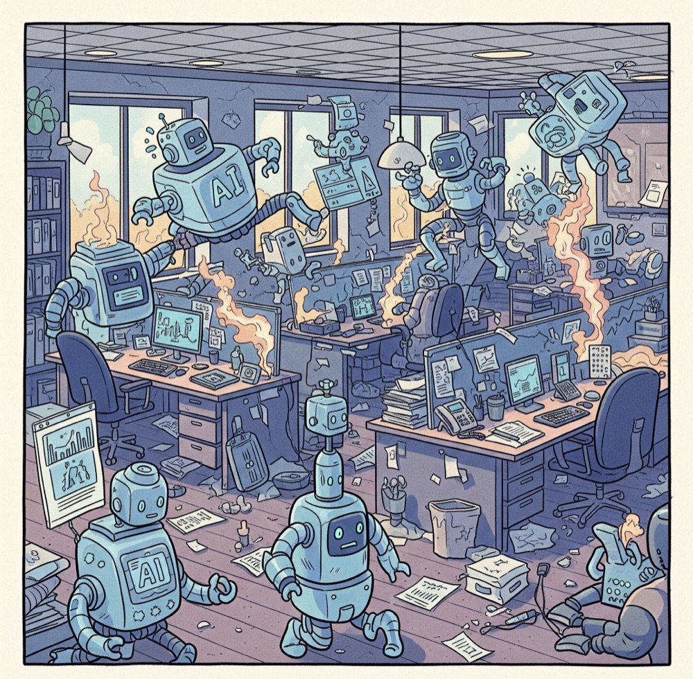 Illustration: AI robots running unsupervised through an office, papers in the air and small fires burning