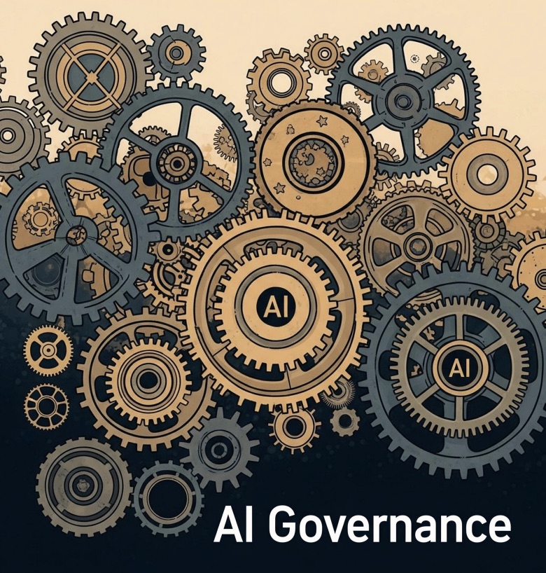 Illustration: a dense field of interlocking gears stamped AI, captioned AI Governance