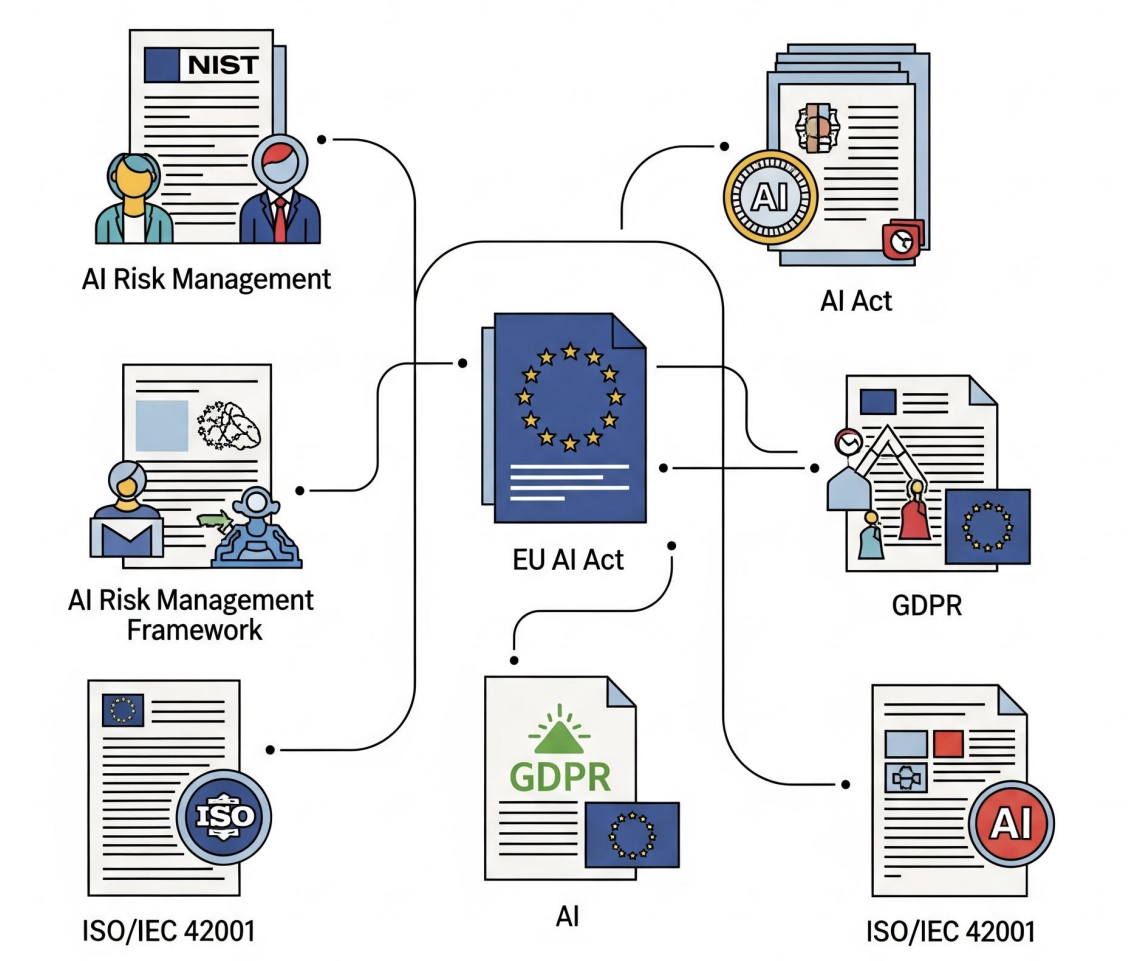 Illustration: documents for the AI governance frameworks, NIST AI Risk Management Framework, the EU AI Act, GDPR and ISO/IEC 42001, linked to one another