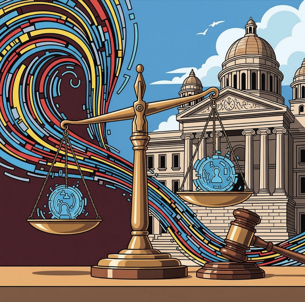 Illustration: scales of justice and a gavel outside a courthouse, a stream of data curving in behind them