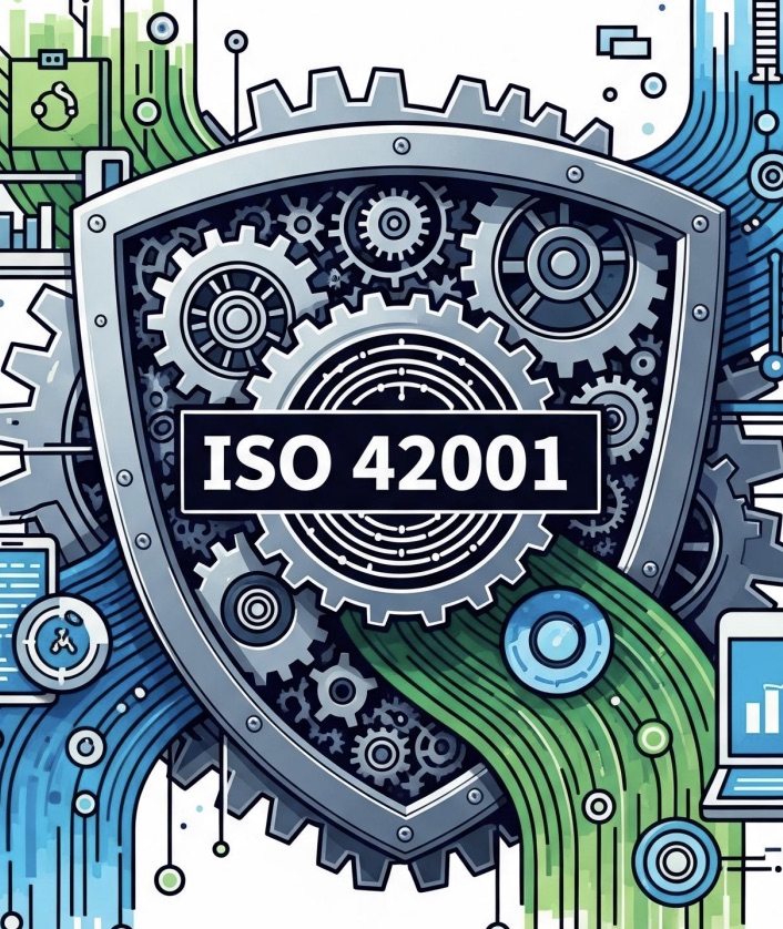 Illustration: a shield stamped ISO 42001 over gears and circuit traces