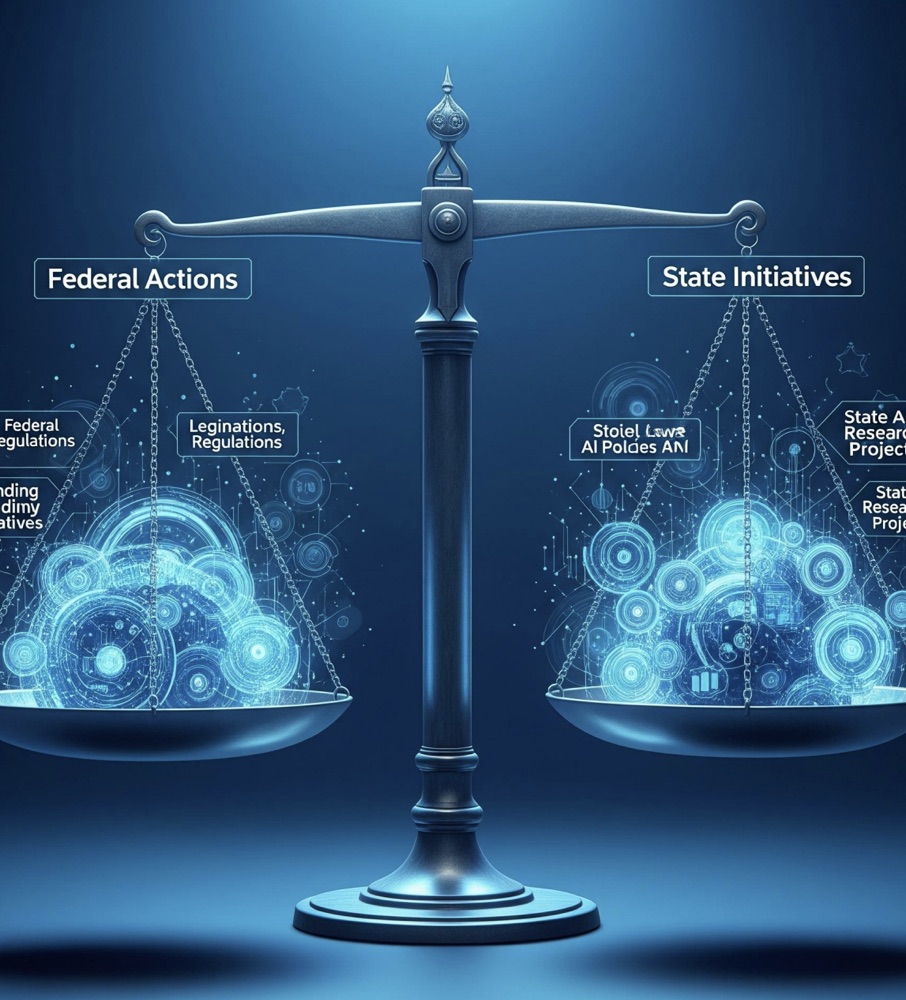 Illustration: scales weighing Federal Actions against State Initiatives, labelled in deliberately garbled AI-generated text