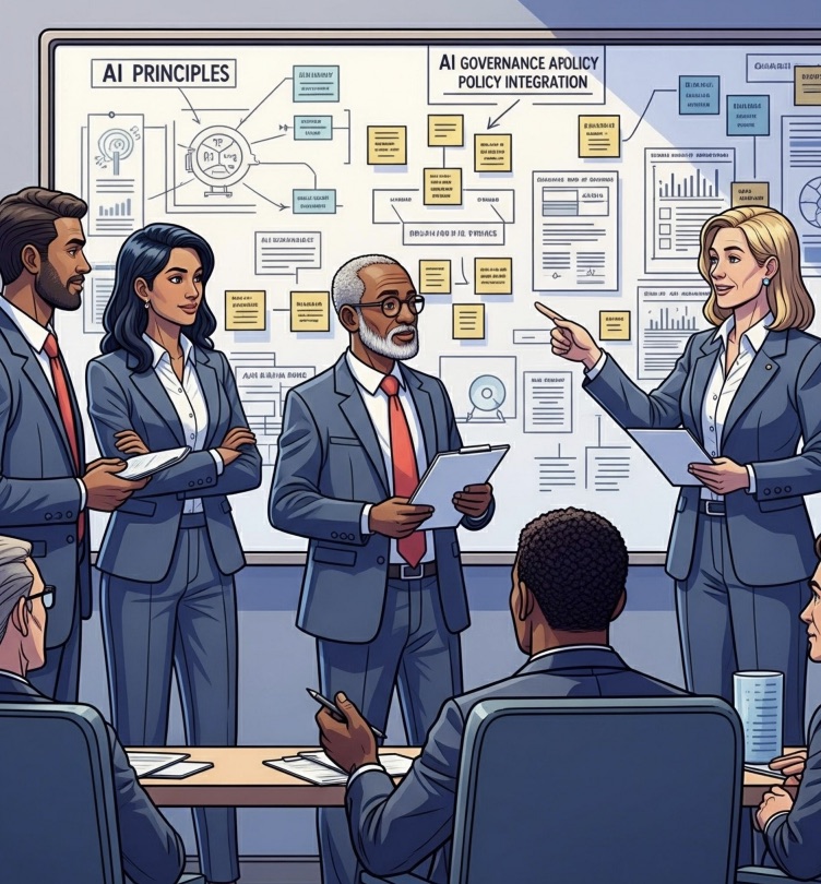 Illustration: a boardroom presentation in front of a whiteboard of unreadable AI governance diagrams