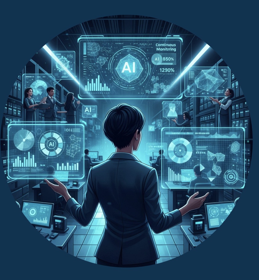 Illustration: an operations centre of holographic AI dashboards quoting invented statistics
