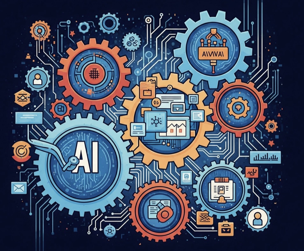 Illustration: interlocking gears built from AI icons, charts and documents
