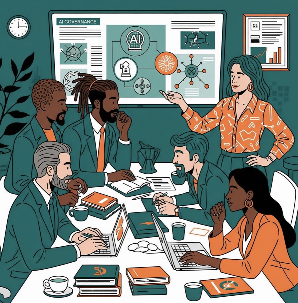Illustration: a team around a table reviewing an AI governance presentation