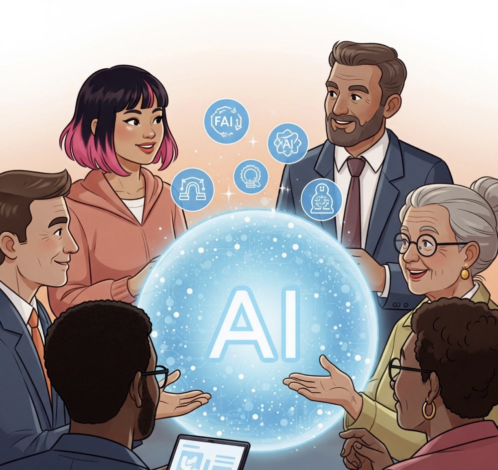 Illustration: a group gathered around a glowing orb labelled AI