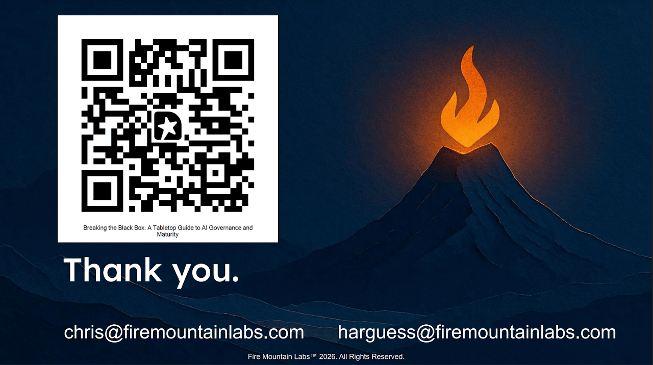 Closing slide: thank you, with a QR code to the Breaking the Black Box tabletop guide and contact addresses for both speakers