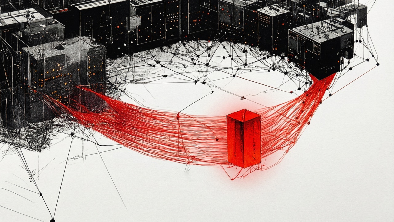 Red threads siphoning out of a black machine city into a glowing red block.