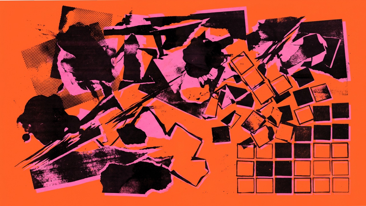 Collage of torn black shapes resolving into an ordered grid of squares, in orange, pink and black.