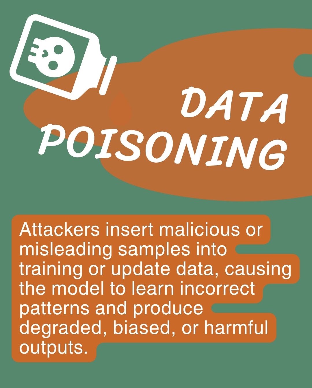 Editorial spread: 'DATA POISONING. Attackers insert malicious or misleading samples into training or update data, causing the model to learn incorrect patterns and produce degraded, biased, or harmful outputs.'