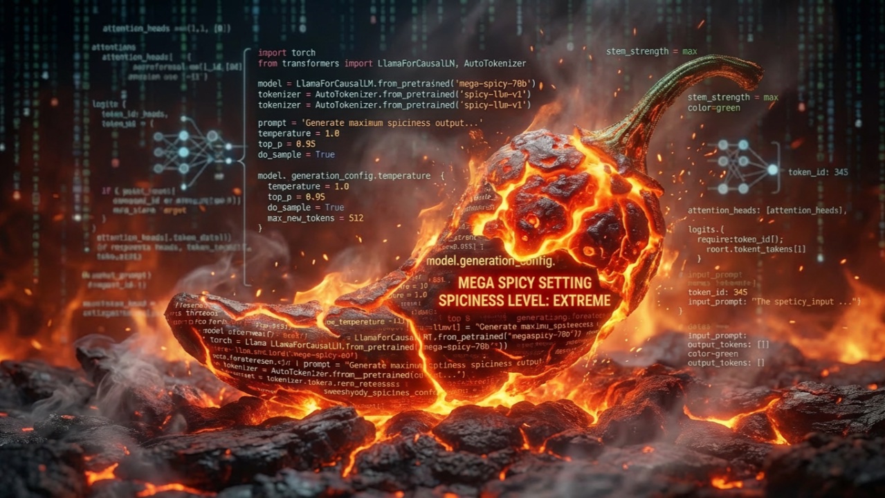 A chili pepper burning in lava beside model code setting temperature to 1.0, labeled mega spicy setting, spiciness level extreme.