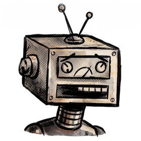 A boxy robot head with a worried face.