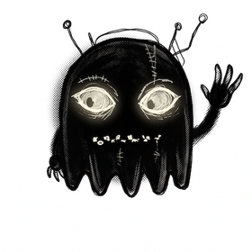 A black ghost-like robot with wide eyes, waving.