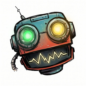 A round robot head with one green eye, one yellow eye and a zigzag mouth.