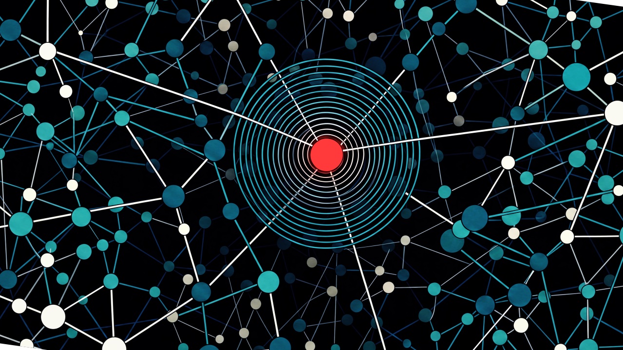 A network graph with a red node at the center of concentric rings.