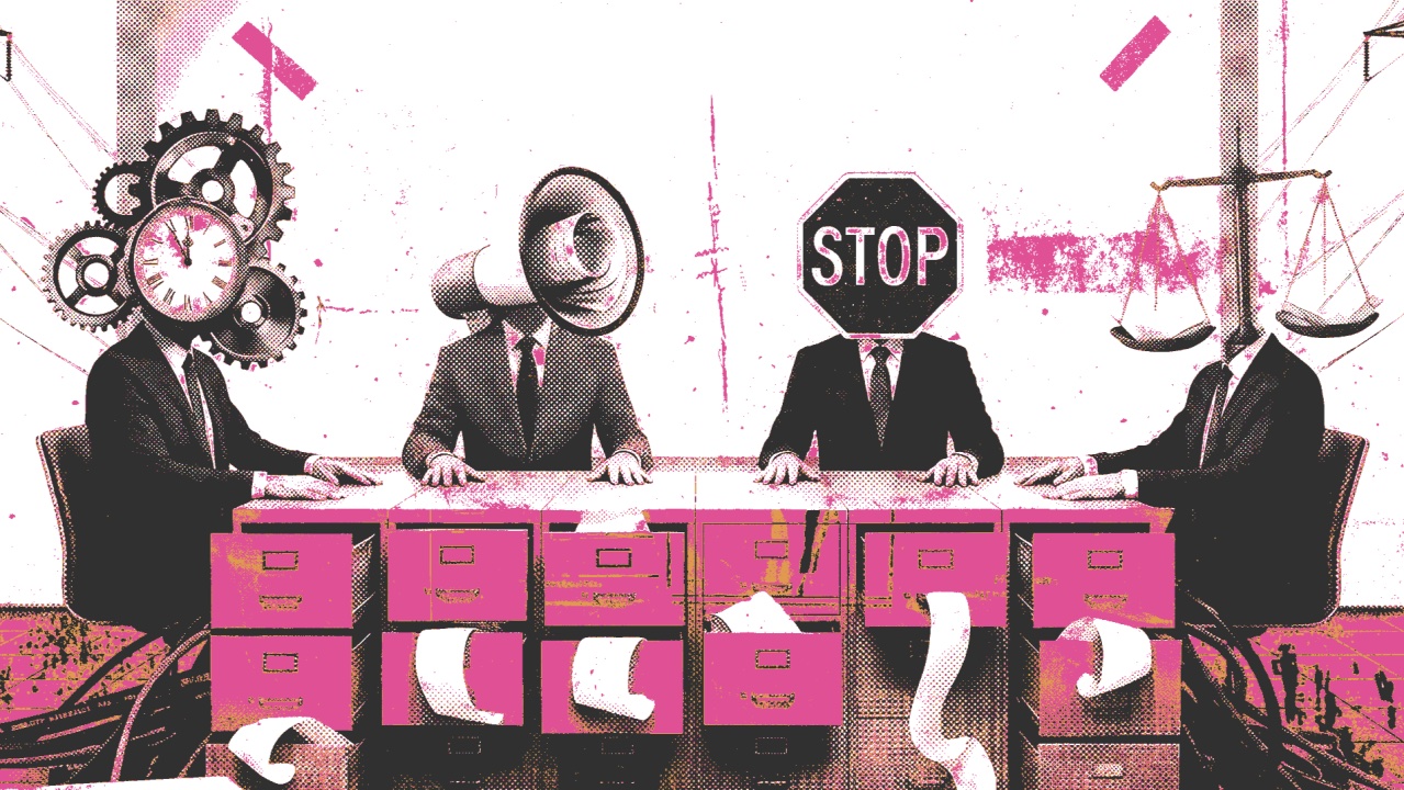 Collage of suited figures seated at a meeting table, one with a stop sign for a head.