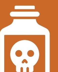 A poison bottle marked with a skull, on cocoa